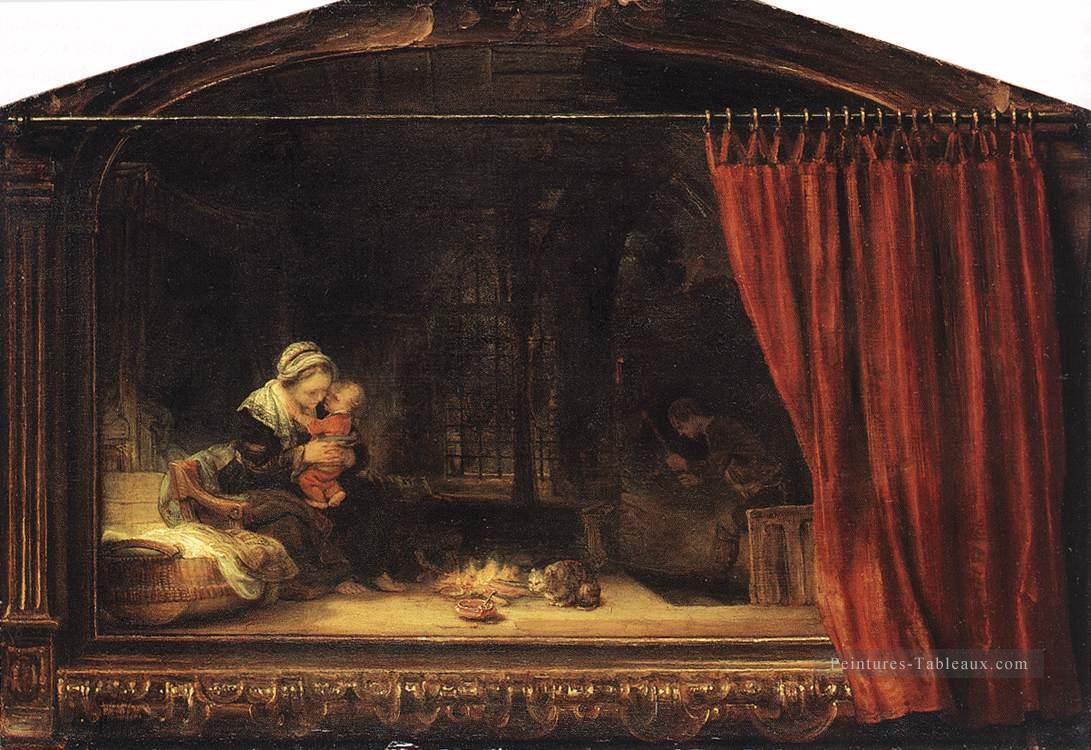 La Sainte Famille avec un Rideau Rembrandt Peintures à l'huile